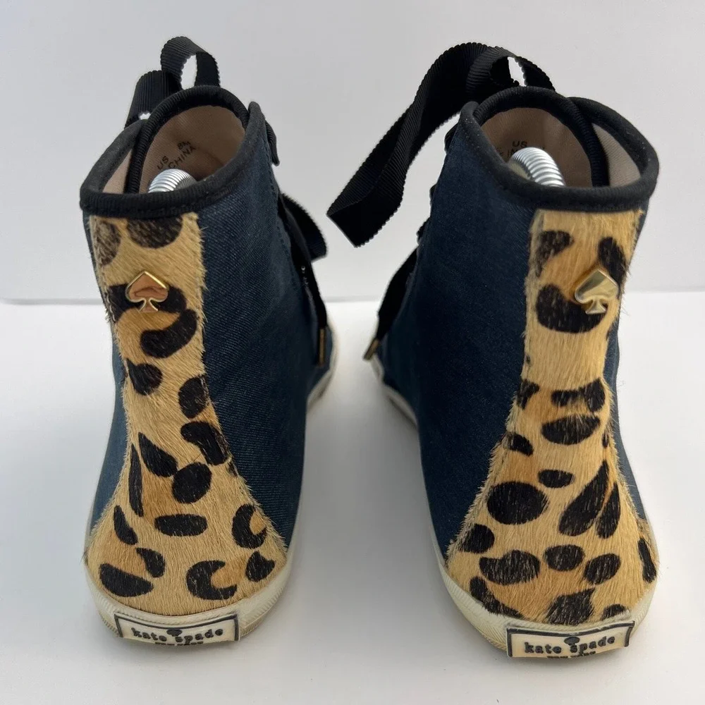 Kate Spade High Top Sneakers Navy Denim Leopard Calf Hair Womens Size 8M
